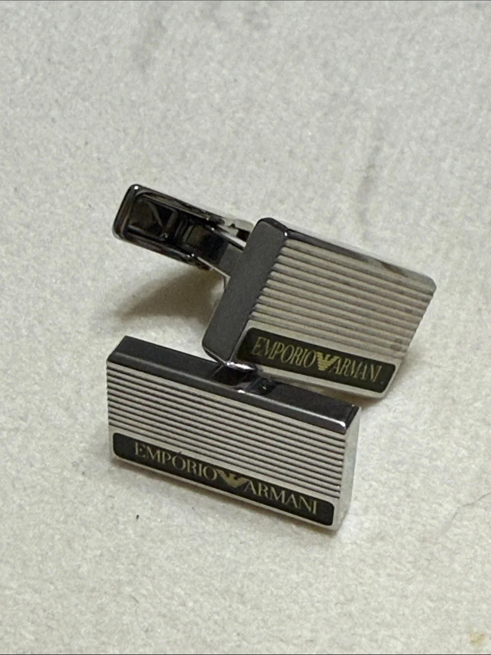 Emporio Armani Silver and Black Striped Logo Cufflinks